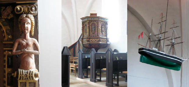Tre billeder fra kirkerummet, der viser kirkeskibet og prædikestolen
