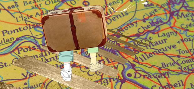 Illustration fra projektet - en kuffert med ben, der går af et spor gennem et landkort
