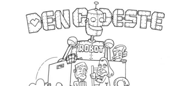 Forsidebillede fra Den godeste robot - Robotten kommer ud af æsken sammen med filosoffer