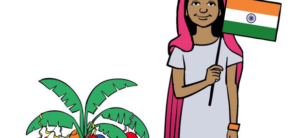 Pige med indisk flag og palme med julepynt