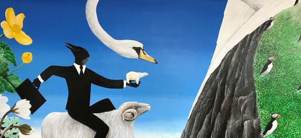 Svanedronningen er et maleri af Edward Fuglø og forestiller en nordatlantisk Klodshans og en kæmpe sangsvane