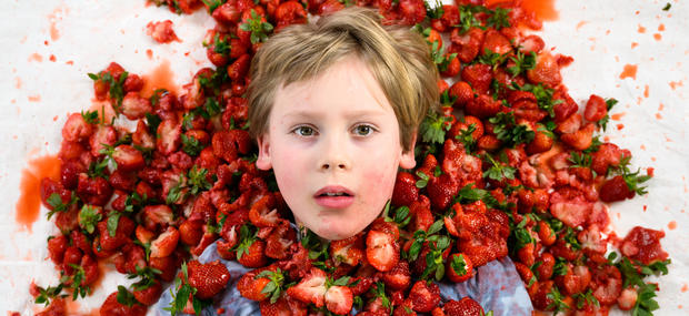 Plakat til VREDENS BÆR. En dreng vises med jordblær dækket over sig. 