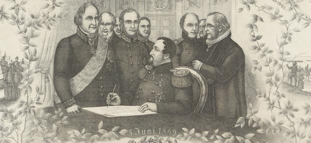 Frederik 7. underskriver Grundloven 5. juni 1849.