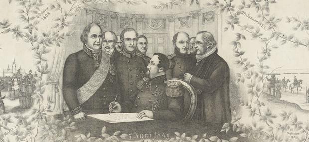 Frederik 7. underskriver Grundloven 5. juni 1849.