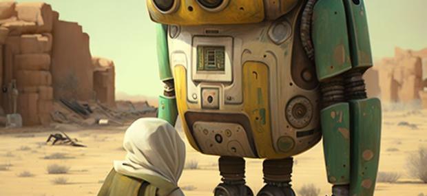 Robot og barn i ørken