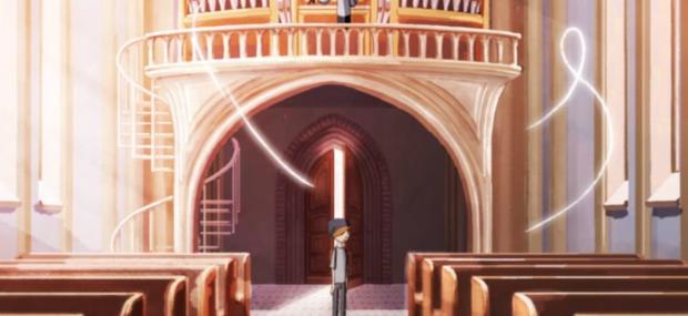 Barn i kirke med orgel i baggrunden