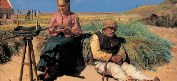Michael Ancher: 'Figurer i et landskab. Blinde Kristian og Tine i sandet', 1880. Den Hirschsprungske Samling