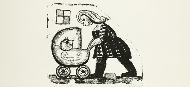 Udsnit af Henry Heerups litografi 'Pigen og dukkevognen' (1950)