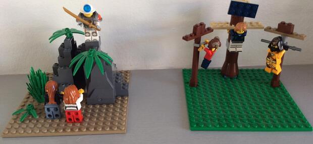 LEGObyggeri af den tomme grav og Jesus på korset.