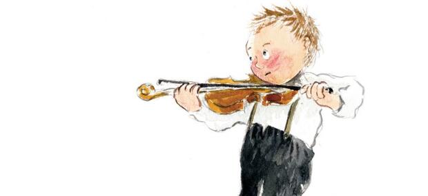 Illustration af Carl Nielsen som dreng, der spiller violin.