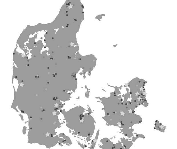 Danmarkskort med Skoletjenestens kommunesamarbejder og eksterne læringsmiljøer