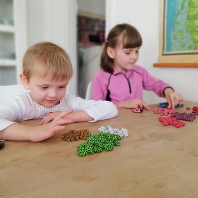 Alma og Marie sorterer og tæller. Der sorteres efter form, farve og antal