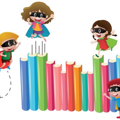 Tegnede superhelte børn med kapper og masker flyver rundt om en række med bøger