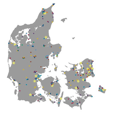 Danmarkskort med Skoletjenestens kommunesamarbejder og eksterne læringsmiljøer