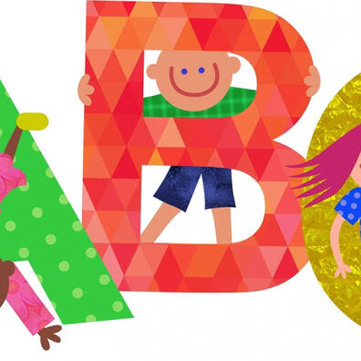 Bogstaverne A B og C er tegnet med børn der leget inden i dem - det hele er klare farver