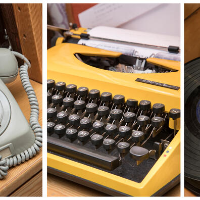 3 billeder af forskellige designs. Én drejeskivetelefon, en skrivemaskine og en pladespiller.