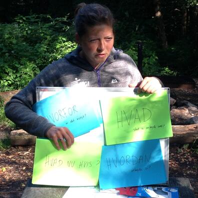 tavle med ordene hvad, hvordan, hvorfor, hvad nu hvis