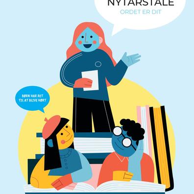 Plakat fra Børnenes nytårstale, der viser et barn, der holder tale for andre børn